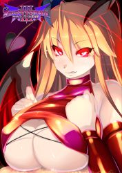 Rule 34 | 1girl, :q, bare shoulders, blonde hair, breast rest, breasts, breasts squeezed together, cleavage, comic, copyright name, demon girl, demon tail, demon wings, detached sleeves, eyeshadow, highres, horns, large breasts, licking lips, long hair, looking at viewer, makeup, naughty face, no bra, original, pink eyes, red eyes, red eyeshadow, shiki (psychedelic g2), succubus hypnosis iii, tail, tongue, tongue out, wings