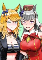 Rule 34 | 2girls, :d, absurdres, animal ears, bandeau, bare shoulders, black choker, black jacket, blonde hair, blue bow, blue eyes, bow, bowtie, breasts, brown headwear, choker, cleavage, commentary request, ear bow, earmuffs, gloves, gold city (umamusume), gold ship (umamusume), green background, highres, horse ears, jacket, large breasts, long hair, long sleeves, looking at viewer, midriff, multiple girls, open clothes, open jacket, open mouth, purple bow, purple eyes, red bow, red bowtie, red shirt, sakamoto shindobaddo, shirt, silver hair, simple background, sleeveless, sleeveless shirt, smile, stomach, strapless, striped bandeau, tube top, umamusume, upper body, white gloves