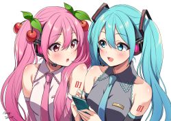Rule 34 | 2girls, :d, :o, amagi shino, aqua eyes, aqua hair, aqua nails, aqua necktie, artist name, bare shoulders, black sleeves, blush, cellphone, cherry hair ornament, collarbone, commentary request, detached sleeves, dual persona, food-themed hair ornament, grey shirt, hair ornament, hatsune miku, headphones, headset, highres, holding, holding phone, leaf, long hair, looking at another, multiple girls, nail polish, necktie, open mouth, phone, pink eyes, pink hair, pink neckwear, pink sleeves, sakura miku, shirt, shoulder blush, shoulder tattoo, side-by-side, sleeveless, sleeveless shirt, smartphone, smile, tattoo, twintails, upper body, very long hair, vocaloid, white background