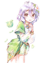 Rule 34 | 1girl, antenna hair, blush, bridal gauntlets, brown eyes, cowboy shot, creature, detached sleeves, dress, elf, flower, green dress, grey hair, hair between eyes, hair flower, hair ornament, kawaseki, kokkoro (princess connect!), long sleeves, looking at viewer, open mouth, pointy ears, princess connect!, puffy long sleeves, puffy sleeves, see-through, see-through sleeves, short hair, simple background, single bare shoulder, sleeveless, sleeveless dress, smile, solo, white background, white flower