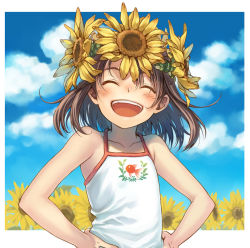 Rule 34 | 1girl, :d, ^ ^, blush, brown hair, closed eyes, cloud, collarbone, day, closed eyes, flower, hands on own hips, open mouth, original, smile, solo, sunflower, yuuryuu nagare