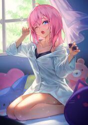 Rule 34 | 1girl, absurdres, character request, commission, hakusyokuto, heart, heart-shaped pillow, highres, indie virtual youtuber, long hair, long sleeves, looking at viewer, one eye closed, open mouth, pillow, pink hair, purple eyes, shirt, sitting, skeb commission, solo, stuffed animal, stuffed cat, stuffed shark, stuffed toy, teddy bear, virtual youtuber, white shirt, wind, window