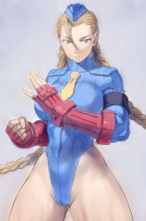 Rule 34 | 1girl, ahoge, blonde hair, blue eyes, blue leotard, braid, breasts, cammy white, clenched hand, closed mouth, commentary request, fingerless gloves, garrison cap, gauntlets, gloves, grey background, hat, heattech leotard, highleg, highleg leotard, highres, leotard, long hair, looking at viewer, medium breasts, mogudan, necktie, ribbed leotard, shadaloo dolls, simple background, solo, street fighter, street fighter zero (series), turtleneck, twin braids, twintails