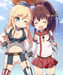 Rule 34 | 10s, 2girls, alternate breast size, blonde hair, blue eyes, breasts, brown hair, cleavage, elbow gloves, closed eyes, female focus, fingerless gloves, flat chest, garter straps, gloves, holding hands, hat, iowa (kancolle), kantai collection, large breasts, long hair, miniskirt, multiple girls, nekono rin, one eye closed, open mouth, outdoors, ponytail, skirt, sky, smile, standing, star-shaped pupils, star (symbol), symbol-shaped pupils, thighhighs, umbrella, yamato (kancolle), aged down, zettai ryouiki