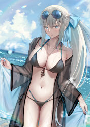 Rule 34 | 1girl, absurdres, beach, bikini, black bikini, black bow, black shirt, blue eyes, blue sky, bow, braid, breasts, cleavage, commentary request, eyewear on head, fate/grand order, fate (series), french braid, grey hair, hair bow, highres, jewelry, large breasts, long hair, long sleeves, looking at viewer, mishiro (ixtlolton), morgan le fay (fate), navel, necklace, off shoulder, open mouth, ponytail, round eyewear, see-through, shirt, shore, sidelocks, sky, solo, sunglasses, swimsuit, thighs, towel, very long hair