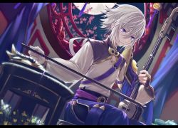 Rule 34 | 1boy, blue eyes, csyday, fate/grand order, fate (series), full moon, instrument, male focus, mask, moon, music, playing instrument, prince of lan ling (fate), silver hair, sitting, solo, window