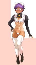 Rule 34 | 1girl, abs, animal ears, blush, collar, ez6, female focus, front-tie top, highres, midriff, muscular, muscular female, original, short hair, shrug (clothing), smiley face, solo, tan, tanline, thighhighs, tomboy