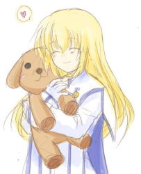Rule 34 | 00s, 1girl, blonde hair, closed eyes, colette brunel, doll, hugging doll, dress, gloves, heart, hug, long hair, hugging object, stuffed toy, solo, stuffed animal, stuffed toy, tales of (series), tales of symphonia, white background, white dress, white gloves