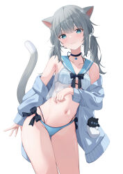Rule 34 | 1girl, :3, absurdres, animal ears, aqua eyes, bare shoulders, bikini, black bow, black bowtie, black choker, blue bikini, blue jacket, blue sailor collar, blunt bangs, blush, bow, bow bikini, bowtie, cat ears, cat girl, cat tail, choker, closed mouth, collarbone, commentary, cowboy shot, grey hair, hair between eyes, hair ornament, halterneck, head tilt, highres, indie virtual youtuber, jacket, leaning to the side, long sleeves, looking at viewer, medium hair, nachoneko, navel, off shoulder, puffy long sleeves, puffy sleeves, sailor bikini, sailor collar, see-through, shinshia (sinsia 0928), simple background, solo, stomach, swimsuit, tail, thigh gap, thighs, twintails, virtual youtuber, white background