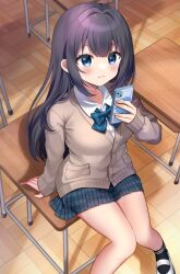 Rule 34 | 1girl, black hair, black socks, blue bow, blue eyes, blue skirt, blush, bow, breasts, brown cardigan, cardigan, cellphone, closed mouth, collared shirt, commentary request, desk, dress shirt, feet out of frame, from above, highres, holding, holding phone, indoors, knees together feet apart, long hair, looking at viewer, looking up, minami saki, on desk, original, phone, plaid, plaid bow, plaid skirt, pleated skirt, school desk, school uniform, shirt, shoes, sitting, on desk, skirt, sleeves past wrists, small breasts, smile, socks, solo, uwabaki, very long hair, white footwear, white shirt, wooden floor