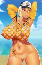 Rule 34 | 1girl, arms up, artist name, beach, blonde hair, blue sky, breasts, cloud, curvy, dark skin, female focus, highres, large breasts, lips, long hair, looking at viewer, navel, no bra, no panties, ohdax, ponytail, pussy, rinalia kuo, shiny skin, sky, solo, super robot wars, super robot wars dd, sweater, tattoo, wide hips