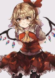 Rule 34 | 1girl, arms behind back, ascot, bad id, bad pixiv id, black pantyhose, blonde hair, closed mouth, commentary request, fang, fang out, flandre scarlet, hair ribbon, highres, leaning forward, looking at viewer, pantyhose, red eyes, red ribbon, red skirt, ribbon, short sleeves, skirt, skirt set, smile, solo, standing, touhou, vest, wings, zairen
