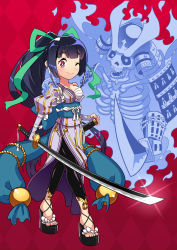 Rule 34 | 1girl, ;), argyle, argyle background, argyle clothes, armor, bare shoulders, black hair, blunt bangs, blush, bow, breasts, bright pupils, cleavage, closed mouth, collarbone, flower, ghost, green ribbon, hair ribbon, high ponytail, highres, holding, holding sword, holding weapon, japanese armor, japanese clothes, katana, kimono, lasy, leggings, long hair, looking at viewer, medium breasts, obi, off shoulder, one eye closed, original, pink eyes, purple kimono, red background, ribbon, sash, sheath, side slit, sidelocks, skeleton, smile, standing, striped clothes, striped kimono, sword, tabi, unsheathed, very long hair, weapon, white bow, white ribbon