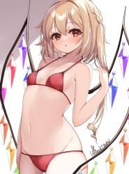 Rule 34 | 1girl, absurdres, bare shoulders, bikini, blonde hair, breasts, cowboy shot, crystal, flandre scarlet, haruki (colorful macaron), highres, navel, no headwear, one side up, red bikini, red eyes, simple background, small breasts, solo, standing, stomach, swimsuit, touhou, wings