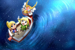 Rule 34 | 1girl, blonde hair, blue eyes, link, looking up, neckerchief, nintendo, ocean, pointing, pointing up, pointy ears, reflection, sky, smile, star (sky), starry sky, tetra, the king of red lions, the legend of zelda, the legend of zelda: the wind waker, wasabi (legemd)