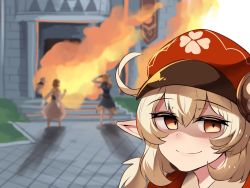 Rule 34 | 4girls, ahoge, blonde hair, blurry, blurry background, burning, burning building, closed mouth, commentary, derivative work, disaster girl (meme), english commentary, fire, genshin impact, half-closed eyes, hat, highres, hinghoi, jean (genshin impact), klee (genshin impact), looking at viewer, lumine (genshin impact), meme, multiple girls, paimon (genshin impact), photo-referenced, pointy ears, red headwear, smile, solo focus