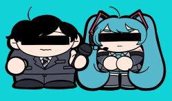 Rule 34 | 2girls, :|, ahoge, arufa faru, bar censor, black footwear, black hair, black necktie, black pants, black skirt, black suit, blue background, blue hair, blue necktie, boots, censored, chibi, closed mouth, detached sleeves, facing viewer, formal, frown, hair ornament, hatsune miku, headset, highres, holding, holding microphone, identity censor, long hair, long sleeves, microphone, multiple girls, n-chai, necktie, own hands together, pants, pleated skirt, short hair, simple background, skirt, suit, thigh boots, tokumei m (vocaloid), tokumei radio, twintails, very long hair, vocaloid, wavy mouth