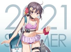 1girl 2021 akebono_(kancolle) akebono_kai_ni_(kancolle) akebono_kai_ni_(swimsuit_mode)_(kancolle) aqua_background bell bikini bikini_skirt breasts collarbone cooler cowboy_shot drew_(drew213g) flower gradient_background hair_bell hair_flower hair_ornament jingle_bell kantai_collection leg_belt long_hair looking_at_viewer machinery navel official_art purple_bikini purple_eyes purple_hair scrunchie side_ponytail small_breasts solo stomach summer swimsuit torpedo torpedo_launcher very_long_hair