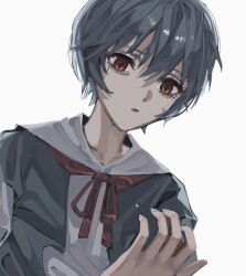 Rule 34 | 1girl, ayanami rei, bad id, bad twitter id, commentary request, crying, from below, hair between eyes, highres, neck ribbon, neon genesis evangelion, red eyes, red ribbon, ribbon, school uniform, short hair, simple background, solo, tears, ulov390, upper body, white background