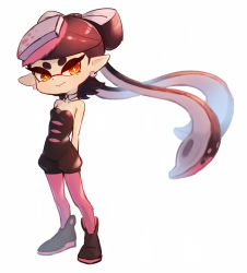 Rule 34 | + +, 1girl, ankle boots, arms behind head, artist name, black footwear, black hair, black jumpsuit, boots, callie (splatoon), closed mouth, commentary, coula cat, cowboy shot, detached collar, earrings, fading, food, food on head, gloves, highres, inkling, jewelry, jumpsuit, long hair, looking at viewer, mole, mole under eye, multicolored hair, nintendo, object on head, pantyhose, pointy ears, purple hair, purple pantyhose, short jumpsuit, signature, simple background, smile, solo, splatoon (series), splatoon 1, standing, strapless, sushi, tentacle hair, two-tone hair, white background, wind