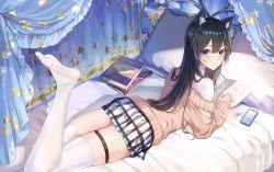 Rule 34 | 1girl, animal ear fluff, animal ears, bed, black hair, blue eyes, book, brown sweater, canopy bed, cat ears, cat girl, cat tail, cellphone, commentary, commission, english commentary, feet, feet up, from behind, highres, lims (neko2lims), long hair, long sleeves, looking back, lying, no shoes, on bed, on stomach, open book, original, phone, pillow, plaid, plaid skirt, reading, shirt, skirt, smartphone, soles, solo, sweater, tail, thigh strap, thighhighs, thighs, white shirt, white skirt, white thighhighs