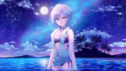Rule 34 | 10s, 1girl, :o, ahoge, anastasia (idolmaster), artist request, bare shoulders, beach, bikini, blue eyes, breasts, cleavage, eyelashes, full moon, highres, idolmaster, idolmaster cinderella girls, idolmaster cinderella girls starlight stage, jewelry, looking at viewer, moon, necklace, night, ocean, official art, open mouth, outdoors, palm tree, short hair, silver hair, sky, solo, standing, star (sky), star (symbol), starry sky, swimsuit, tree, wading, water, wet, wet clothes