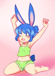 Rule 34 | 1girl, barefoot, blue hair, blush, bow, camisole, collarbone, drantyno, closed eyes, flat chest, green camisole, green shorts, midriff, navel, open mouth, pink background, ponytail, rabbit ears, rabbit girl, rabbit tail, short hair, shorts, side ponytail, sitting, stretching, teeth