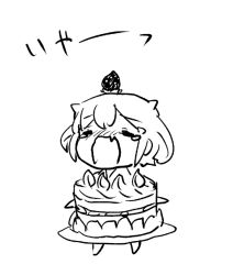 Rule 34 | 1girl, aged down, baby, blush, cake, chibi, closed eyes, crying, fang, food, gale kawaii, greyscale, ikazuchi (kancolle), kantai collection, lineart, monochrome, open mouth, short hair, skin fang, solo, standing, tears