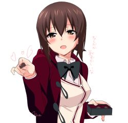 Rule 34 | 10s, 1girl, :d, alternate costume, artist name, black bow, black neckwear, blush, bow, bowtie, box of chocolates, brown eyes, brown hair, cardigan, chocolate, coat, commentary, dress shirt, duffel coat, food, girls und panzer, heart, holding, holding chocolate, holding food, incoming food, nishizumi maho, open mouth, red coat, saikawa yusa, shirt, short hair, signature, simple background, smile, translated, valentine, white background