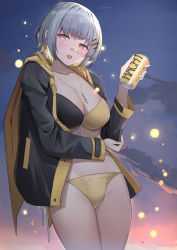 Rule 34 | 1girl, bandaid, bandaid on face, bandaid on nose, bikini, black jacket, blonde hair, blush, breasts, can, cleavage, grey hair, hachi (live union), hair ornament, highres, holding, holding can, jacket, jewelry, large breasts, live union, long sleeves, looking at viewer, multicolored hair, necklace, open clothes, open jacket, open mouth, outdoors, short hair, shougun (chuckni1), smile, solo, swimsuit, thighs, two-tone bikini, virtual youtuber, yellow eyes