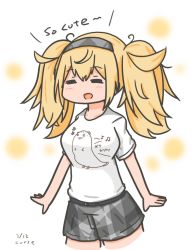 Rule 34 | alternate costume, blonde hair, bokukawauso, curse (023), english text, closed eyes, gambier bay (kancolle), kantai collection, shirt, shorts, simple background, twintails, white shirt