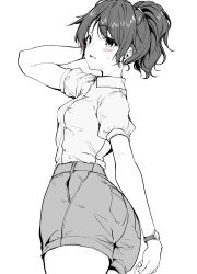 Rule 34 | 1girl, arm behind head, ass, blush, breasts, collared shirt, dress shirt, food, hand up, hibike! euphonium, highres, looking at viewer, looking back, mokufuu, monochrome, oumae kumiko, parted lips, ponytail, puffy short sleeves, puffy sleeves, shirt, short shorts, short sleeves, shorts, simple background, small breasts, solo, sweets, watch, white background, wristwatch