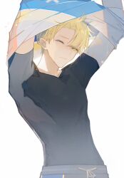 Rule 34 | 1boy, alfred (fire emblem), black shirt, blonde hair, fire emblem, fire emblem engage, green eyes, highres, looking at viewer, male focus, nintendo, one eye closed, shirt, solo, training outfit (fire emblem engage), upper body, workout clothes, xun 32