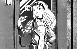 Rule 34 | 1girl, choker, choppy bangs, collarbone, cross, cross choker, door, earrings, floating hair, greyscale, hair ornament, hairband, hand on own hip, hand up, jacket, jewelry, long hair, looking at viewer, marie vincennes, monochrome, neon genesis evangelion, non-web source, official art, parted lips, pov, shirt, solo, standing, the nerv white paper, upper body