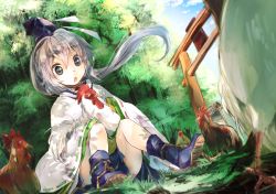 Rule 34 | 1girl, animal, animal on lap, bird, blue sky, boots, chicken, cloud, day, forest, grey eyes, hat, hat ribbon, long hair, long sleeves, makuwauri, mononobe no futo, nature, on lap, open mouth, ponytail, ribbon, ribbon-trimmed sleeves, ribbon trim, shirt, silver hair, sitting, skirt, sky, solo, torii, touhou, very long hair, wide sleeves