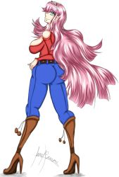 Rule 34 | 1girl, boots, denim, dilane93, green eyes, high heel boots, high heels, highres, holding, holding behind back, jeans, long hair, pants, pink hair, tiara, tight clothes, tight pants, zero two (darling in the franxx)