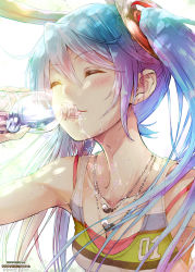 Rule 34 | 1girl, blue hair, bottle, collarbone, drinking, ek masato, closed eyes, hatsune miku, highres, jewelry, long hair, necklace, solo, sweat, twintails, vocaloid, water, wet