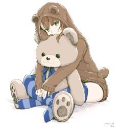 Rule 34 | 10s, 1girl, bear, beatrix (granblue fantasy), bow, bowtie, brown hair, commentary, granblue fantasy, green eyes, grin, hood, hooded jacket, jacket, looking at viewer, motitoy, multicolored clothes, multicolored legwear, smile, solo, striped clothes, striped thighhighs, thighhighs, white background