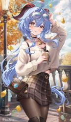 Rule 34 | 1girl, absurdres, ahoge, alternate costume, arm up, autumn, autumn leaves, bag, bare shoulders, bell, belt, black bag, black belt, black choker, black footwear, black pantyhose, black shirt, black skirt, blue hair, blue sky, blush, boots, breasts, buckle, choker, cleavage, cloud, commentary, cowboy shot, crop top, cup, day, disposable cup, drink, english commentary, eyewear on head, falling leaves, floating hair, ganyu (genshin impact), genshin impact, glasses, goat horns, gradient eyes, hair between eyes, harukix, highres, holding, holding drink, horns, jewelry, lamp, leaf, long hair, long sleeves, looking at viewer, medium breasts, midriff, midriff peek, multicolored eyes, neck bell, necklace, off-shoulder sweater, off shoulder, outdoors, pantyhose, parted lips, plaid, plaid skirt, ponytail, purple eyes, railing, shirt, shoulder bag, sidelocks, skirt, sky, solo, spaghetti strap, sweater, thigh boots, tinted eyewear, tree, twitter username, very long hair, yellow sweater