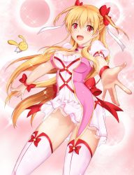 Rule 34 | 1girl, alisa reinford, alternate costume, blonde hair, breasts, cleavage, dress, eiyuu densetsu, female focus, hair ribbon, jewelry, kagura yuuto, long hair, looking at viewer, magical girl, necklace, open mouth, outstretched arm, panties, pantyshot, pink background, pink panties, red eyes, ribbon, sen no kiseki, short dress, smile, solo, sparkle background, thighhighs, two side up, underwear, wrist ribbon