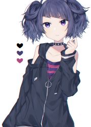 Rule 34 | 1girl, bare shoulders, black choker, black jacket, black shirt, blush, breasts, choker, collarbone, commentary request, diagonal bangs, frown, heart, highres, hood, hooded jacket, idolmaster, idolmaster shiny colors, jacket, long sleeves, looking at viewer, minamiya mia, purple eyes, purple hair, red shirt, shirt, short hair, short twintails, simple background, solo, spiked choker, spikes, striped clothes, striped shirt, tanaka mamimi, twintails, upper body, white background