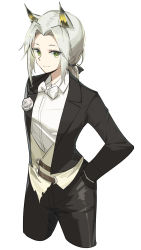 Rule 34 | 1girl, animal ear fluff, animal ears, arknights, black jacket, black pants, boutonniere, bow, bowtie, cat ears, closed mouth, collared shirt, commentary request, cowboy shot, cropped legs, dress shirt, flower, formal, green eyes, hands in pockets, highres, jacket, kal&#039;tsit (arknights), long hair, looking at viewer, official alternate costume, pants, ponytail, shirt, simple background, smile, solo, suit, vchan, waiscoat, waistcoat, white background, white bow, white bowtie, white flower, white hair, white shirt