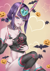 Rule 34 | 1girl, :d, absurdres, bat (animal), black sleeves, black thighhighs, breasts, chinese clothes, cleavage, collarbone, detached sleeves, dudou, fangs, fate/grand order, fate (series), hair ornament, heart, heart hair ornament, highres, horns, jack-o&#039;-lantern, kamehito, long sleeves, looking at viewer, midriff, navel, open mouth, pumpkin, purple eyes, purple hair, short hair, shuten douji (fate), shuten douji (fate/grand order), shuten douji (halloween caster) (fate), sitting, small breasts, smile, solo, stomach, thighhighs