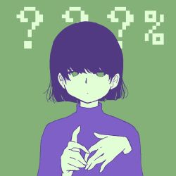 Rule 34 | 1girl, ?, awaya yawako, commentary request, dot mouth, expressionless, green background, highres, looking at viewer, original, purple hair, purple shirt, shirt, short hair, simple background, solo