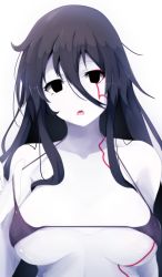 Rule 34 | 1girl, bad id, bad pixiv id, bikini, black eyes, black hair, breasts, collarbone, colored skin, empty eyes, hair between eyes, halterneck, halterneck, head tilt, highres, long hair, looking at viewer, medium breasts, micro bikini, micro bikini top, original, pale skin, parted lips, sidelocks, solo, strap pull, swimsuit, tattoo, triangle mouth, upper body, wada kazu, white skin