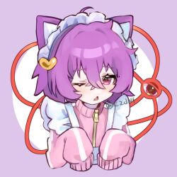 Rule 34 | 1girl, alternate costume, animal ears, cat ears, commentary request, crossed bangs, fang, fuua (fxae3875), hairband, heart, highres, komeiji satori, looking at viewer, maid headdress, one eye closed, open mouth, pink eyes, purple background, purple hair, short hair, skin fang, solo, touhou, twitter username