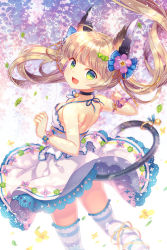 Rule 34 | 1girl, animal ears, arm ribbon, bare shoulders, bell, capura lin, cat ears, choker, dress, fang, flower, green eyes, hair flower, hair ornament, halterneck, highres, light brown hair, long hair, looking back, neck bell, open mouth, original, ribbon, smile, solo, striped clothes, striped thighhighs, thighhighs, twintails, white dress