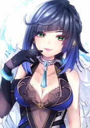 Rule 34 | 1girl, absurdres, bead choker, black hair, blue hair, bob cut, breasts, cleavage, collarbone, commentary request, covered navel, diagonal bangs, dice, earrings, eyeshadow, feather collar, finger to mouth, fur-trimmed jacket, fur trim, genshin impact, gloves, gradient hair, green eyes, highres, jacket, jewelry, looking at viewer, makeup, medium breasts, medium hair, mochimori kusunoki, mole, mole on breast, multicolored hair, neck ring, open mouth, pink lips, purple eyeshadow, purple gloves, simple background, single glove, solo, tassel, tassel choker, upper body, white background, yelan (genshin impact)