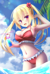 Rule 34 | 1girl, arihara nanami, belly, bikini, blonde hair, blush, breasts, cloud, cocktail glass, comiket 100, cropped legs, cup, drink, drinking glass, eyebrows hidden by hair, flower, frilled bikini, frills, hair between eyes, hair flower, hair ornament, hair over shoulder, hand in own hair, happy, highres, holding, holding cup, large breasts, long hair, nanatsuki akito, navel, ocean, open mouth, palm tree, red bikini, red eyes, red flower, riddle joker, sidelocks, sky, smile, solo, standing, sunlight, swimsuit, thighs, tree, twintails, yuzu-soft