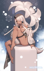 Rule 34 | 1girl, absurdres, aya (trickcal), barefoot, breasts, cleavage, commentary, dark-skinned female, dark skin, english commentary, flower umbrella, from side, grey hair, hair over one eye, highres, horns, japanese clothes, kimono, large breasts, long hair, looking at viewer, no panties, rikume, single horn, sitting, smile, solo, thighhighs, thighs, trickcal, very long hair, white kimono, yellow eyes